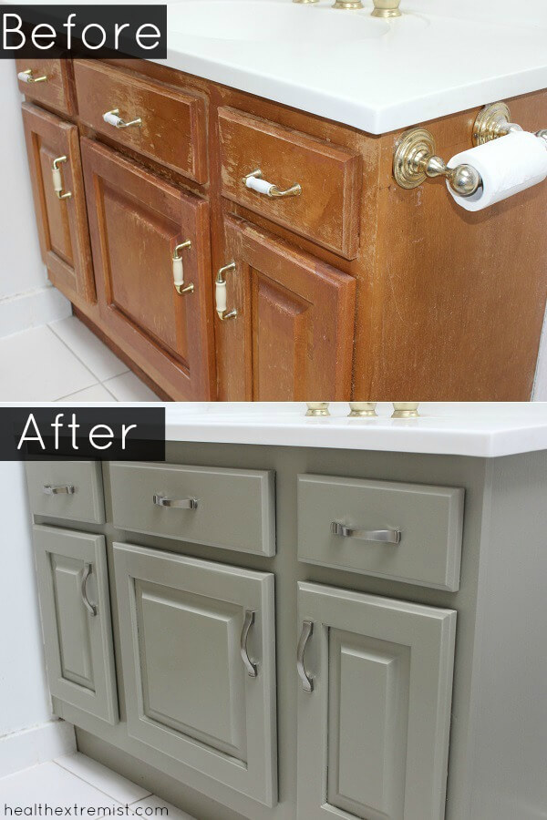 Before and After How to Refinish a Bathroom Vanity All Naturally - I refinished my bathroom vanity naturally with no chemicals, no VOCs and no toxins.