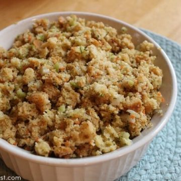Paleo Stuffing Recipe Made From Coconut Flour Bread with fresh vegetables and spices. This paleo stuffing is gluten free, grain free, and dairy free.