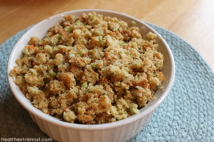 Paleo Stuffing Recipe Made From Coconut Flour Bread with fresh vegetables and spices. This paleo stuffing is gluten free, grain free, and dairy free.