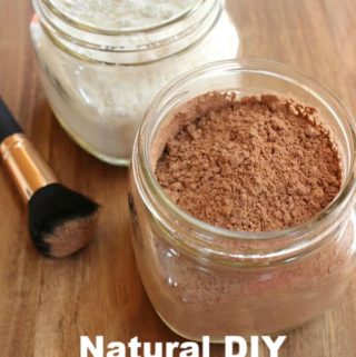 dry shampoo in jars with brush with text overlay - natural diy dry shampoo for light and dark hair