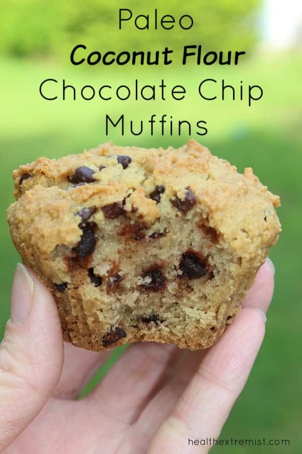 holding one chocolate chip muffin with a bite taken out with text overlay - paleo coconut flour chocolate chip muffins