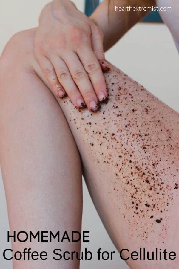 Girl applying coffee scrub on cellulite on leg with text overlay - homemade coffee scrub for cellulite