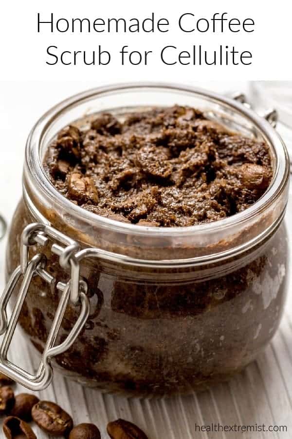coffee scrub in jar on counter with text overlay - homemade coffee scrub for cellulite